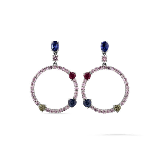 Orecchini Oro Diamanti con Zaffiri Rosa Baby , Blu e Rubini Oro