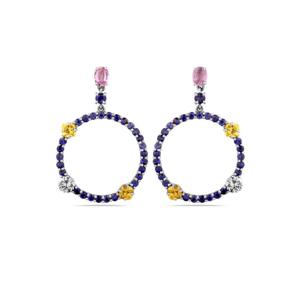Orecchini Oro Diamanti con Zaffiri Blu, Rosa e Gialli