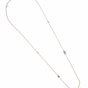 Collana Lettera E in Oro Rosa e Bianco con Diamanti Bianchi e Zaffiri Orange