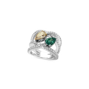 Anello Oro Bianco con Diamanti Bianchi, Fancy e Smeraldo