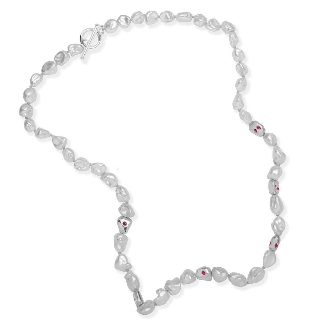 Collana Perle Barocche Keshi Argento e Rubini