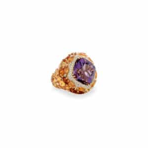 Anello Oro Giallo con Diamanti, Citrini e Ametista