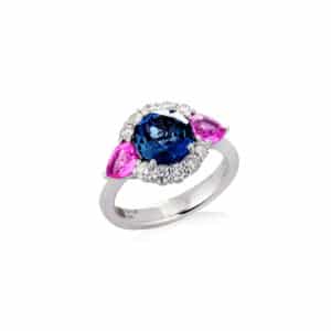 Anello Oro Bianco con Diamanti, Zaffiri Rosa e Topazio London