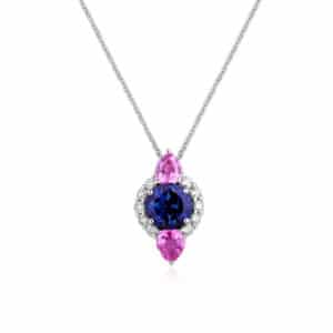 Girocollo Oro Bianco con Diamanti, Zaffiri Rosa e Topazio London