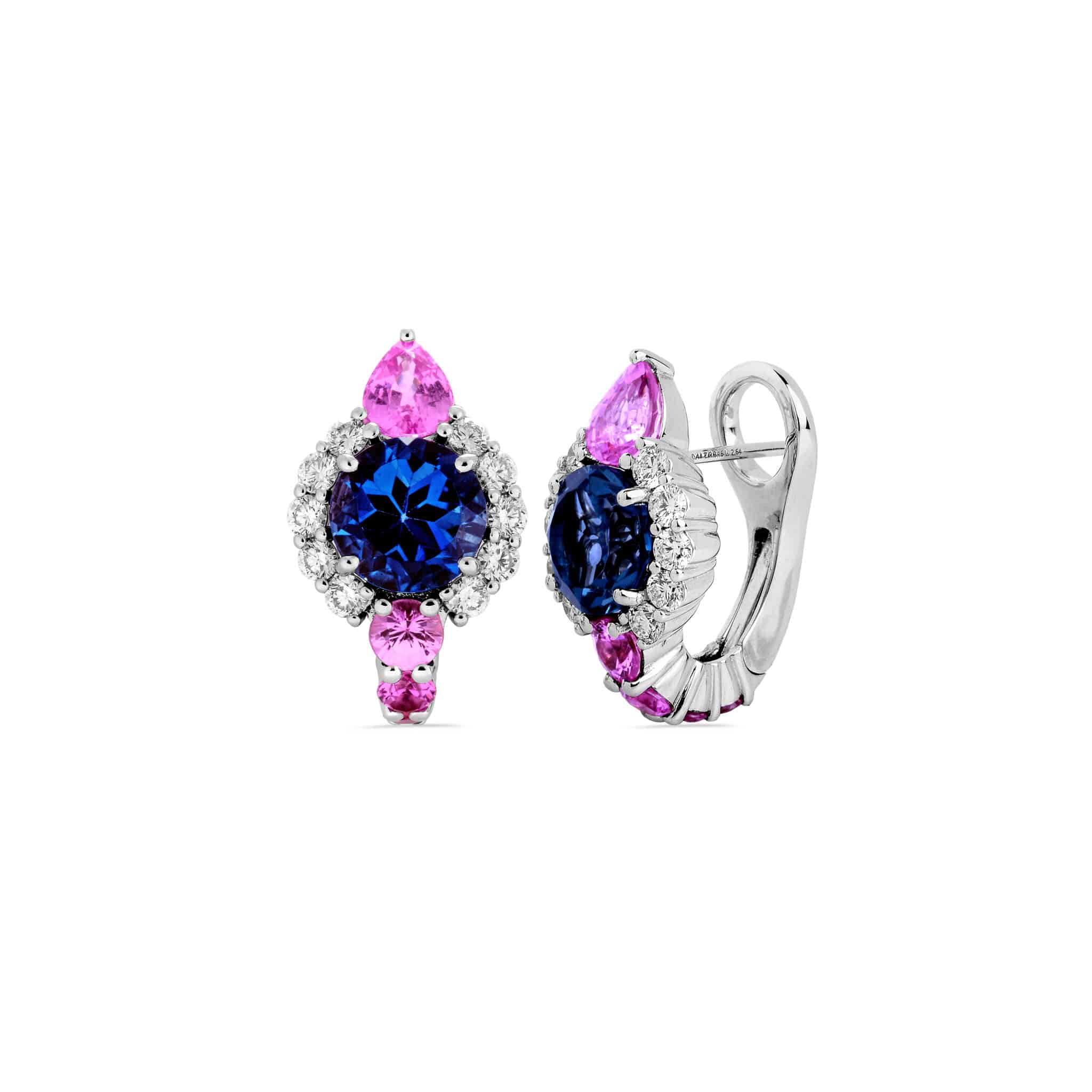 Orecchini Oro Bianco con Diamanti, Zaffiri Rosa e Topazio London